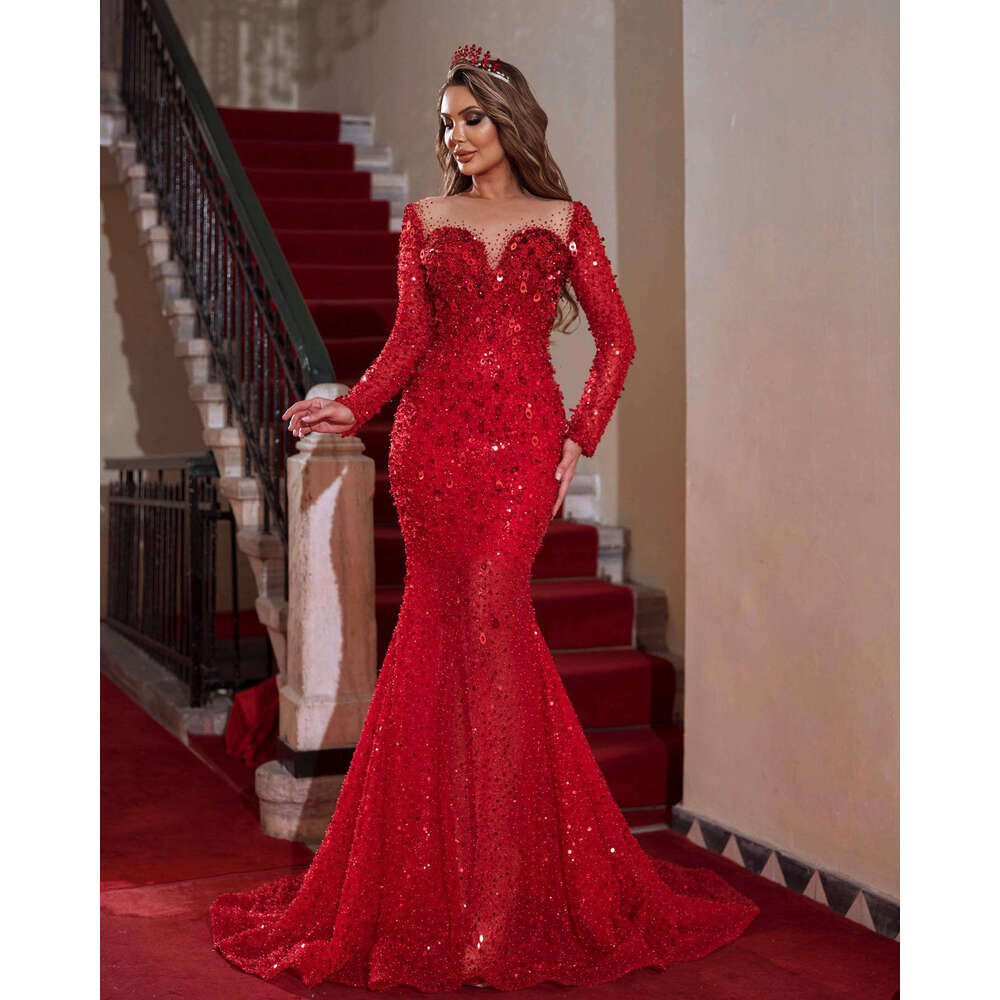 Sexy Sequined Full Sleeve Prom Dresses Pearls Crsytal Lace Mermaid Evening Dress Women or Length Party Gowns Custom Made