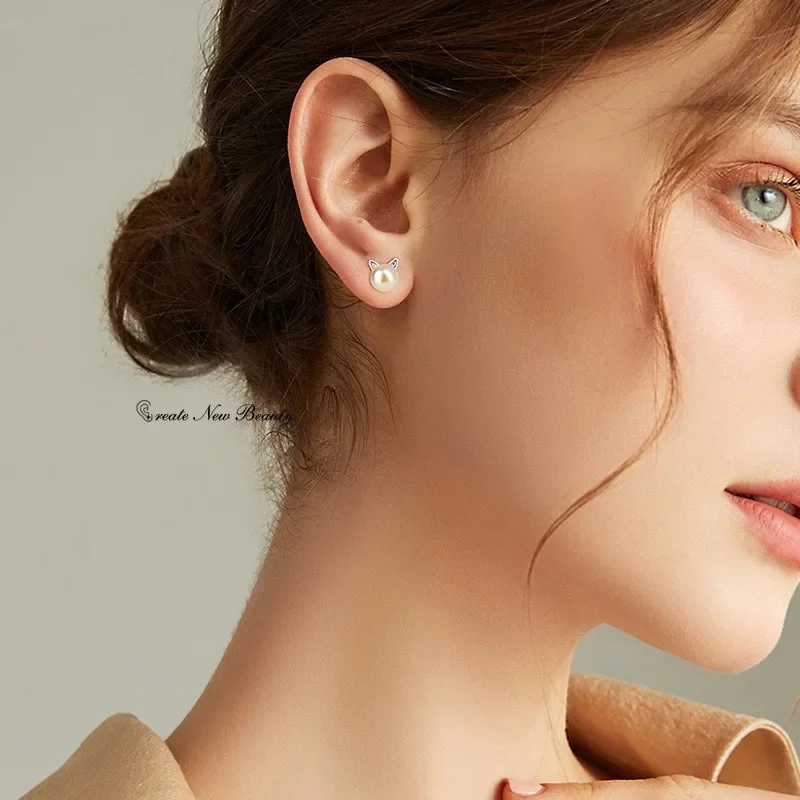 Cute Cat Earrings Korean Style Luxury Jewelry Pearled Earring Creative Simple Craft 925 Sterling Silver Sweet Stud EarringsX241023