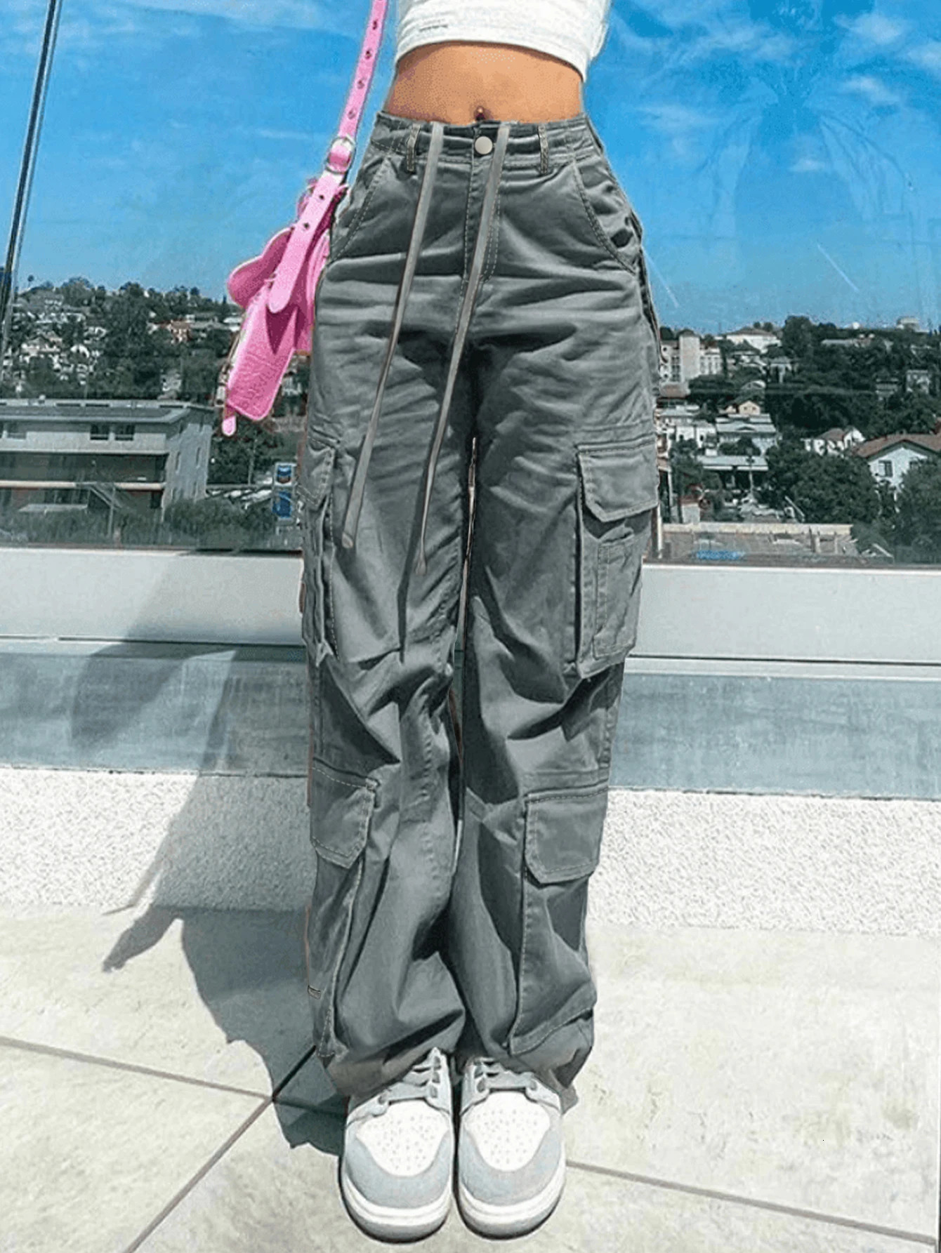 Womens cargo pants high waisted fashionable casual work straight slimming girl bag multiple pockets 241023