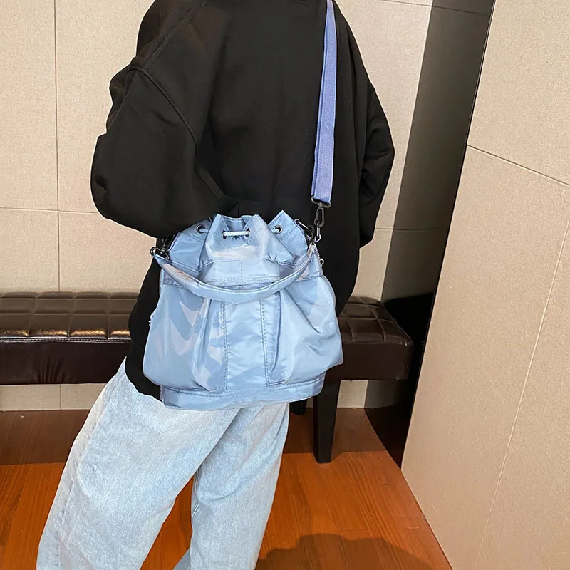 Casual Nylon Bucket Crossbody Bag Ladies Drawstring Multi Pocket Shoulder Korean Women Shopping Portable Purple Phone Purse 241021