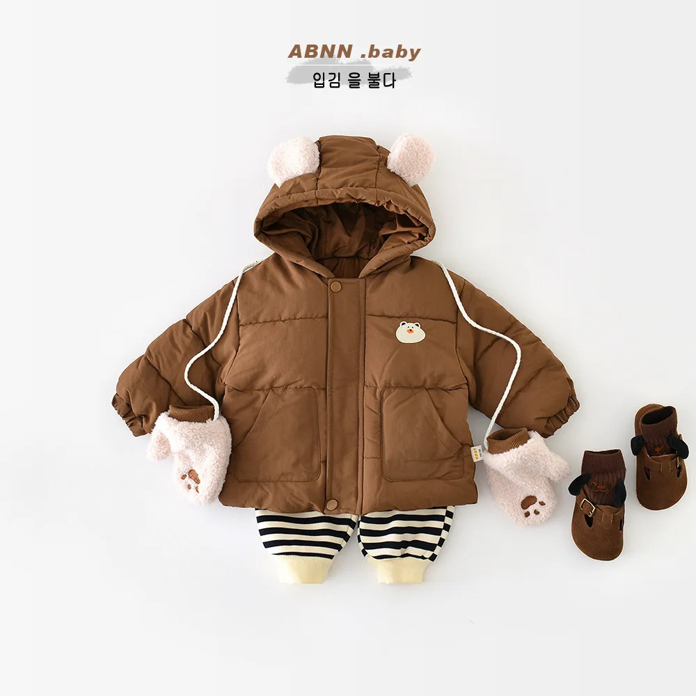 Korean Winter Preschool Boys Park Cotton Apron Hoodie Solid Cartoon Baby Boys Jacket with Scarf Childrens Boys Jacket 241024
