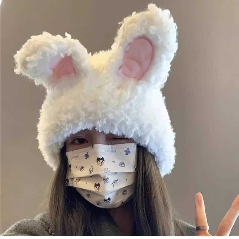 Y2k Rabbit Ear Woolen Hat Cute Girl Winter Beaver Plow Hat Warm Lolita Thick Warm Fun Party Photos Wool Hat X2410231