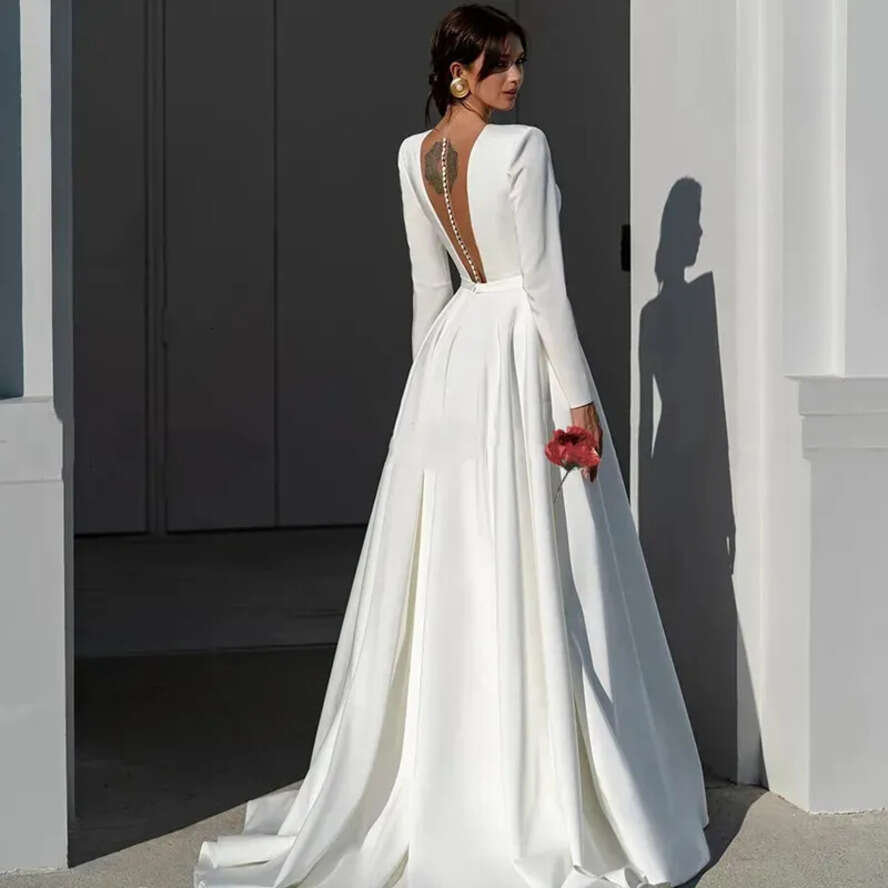 Sleeves A Long E Satin Wedding Dress Sexy Boho V Neck Bridal Gowns Vestidos De Novia Beach Dresses Covered Buttons Women Brides Estidos Es