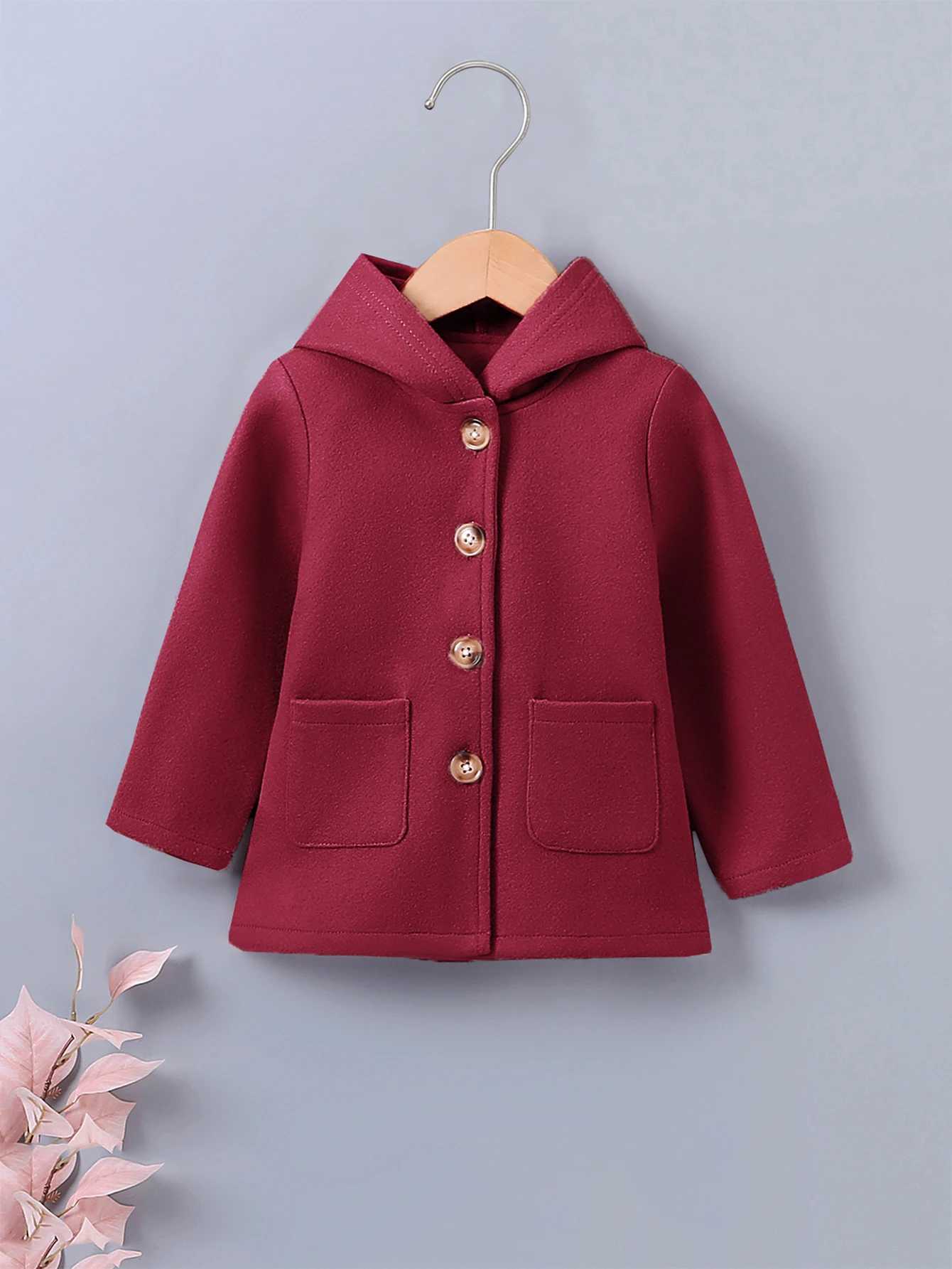 Winter long sleeved solid color single chest hooded long sleeved wool jacket suitable for small and medium-sized girls W241023