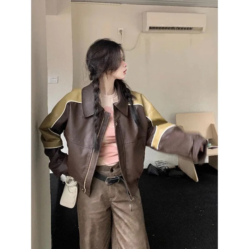American Retro Splicing Comparison Leather Jacket Womens Y2K Street Fashion Gothic Harajuku BF Sweet Cool Motorcycle Jacket 241024