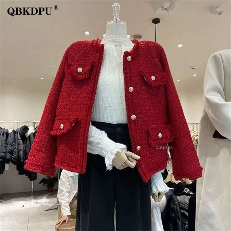 Womens Jackets Winter Warm Padding White Duck Down Liner Korean Tweed Jacket Women Elegant O Neck Long Sleeve Quilted Coat Vintage Outerwear 221007