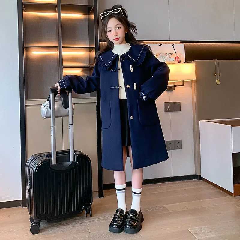 Womens wool coat windproof jacket 2024 navy blue warm and thick winter cotton coat plus size childrens clothing W241023