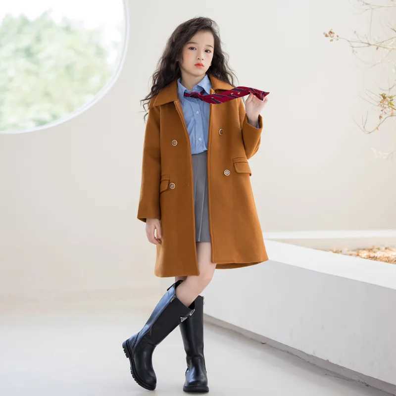 Teen girl wool jacket medium length caramel color casual and fashionable childrens jacket autumn and winter college chiffon childrens jacket W241023
