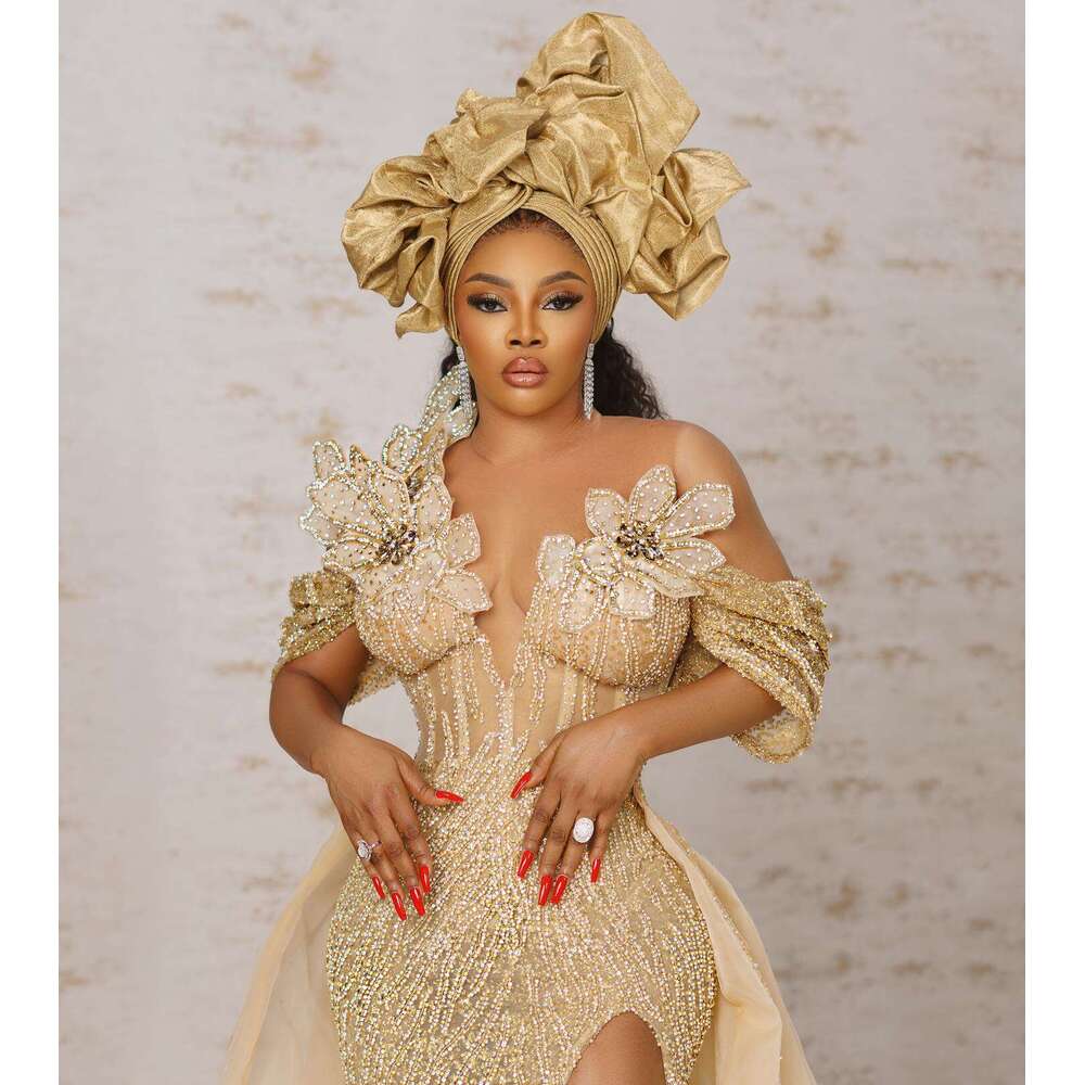 Sparkg Gold Lace Beaded African Prom Dresses with Detachable Train Handmade 3D wer Nigerian Wedding Reception Dress Dinner