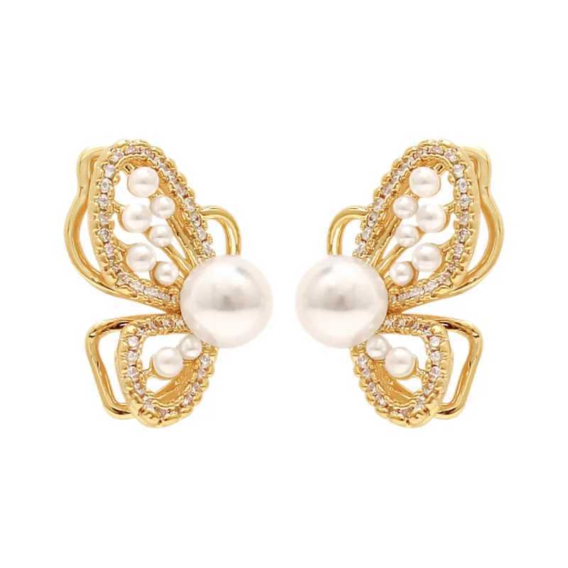 2022 New Personality Fashion Butterfly Golden Earrings Women Temperament Imitation Pearl Inlaid Rhinestones Shiny EarringsX241023