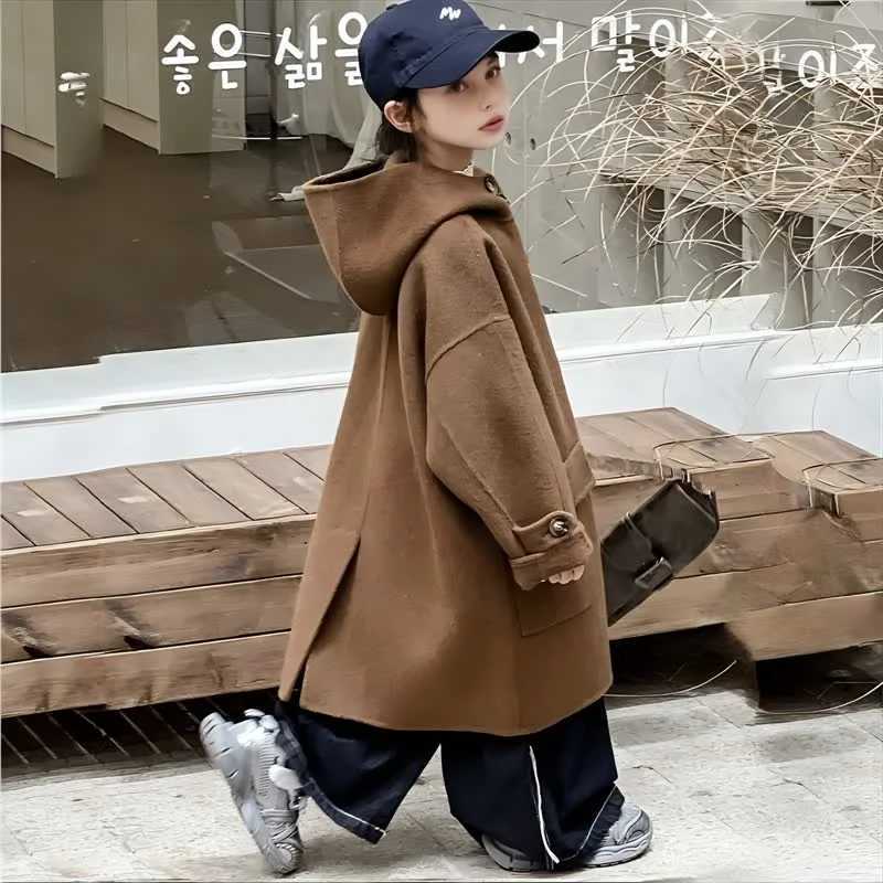 Autumn and winter girls coat double-sided wool coat childrens brown fashionable loose casual long coat youth clothing W241023