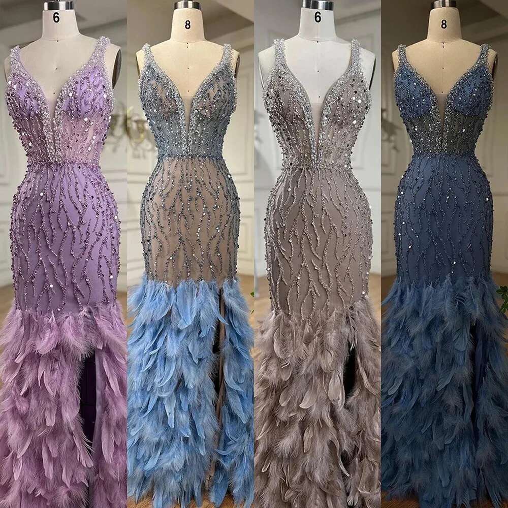 Exquisite V-Neck Feather Evening Fashion Beads Sequined Mermaid Party Gowns Side Slit Sweep Train Prom Dresses