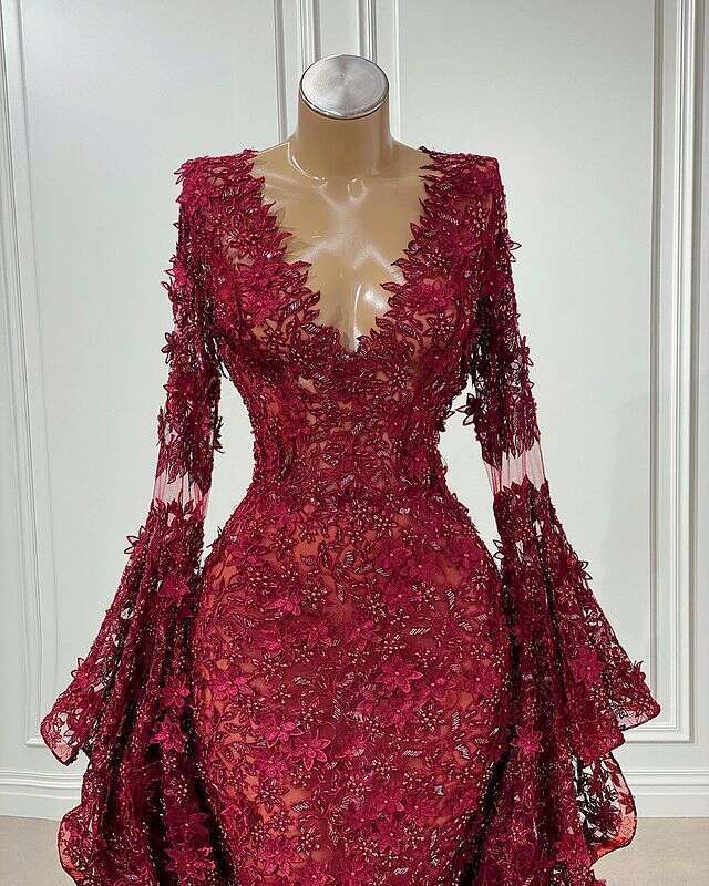 Flare Sleeve Bury Lace Mermaid Dresses Long 2021 Sexy Deep V Neck Prom Evening Party Gowns Vestido de Festa