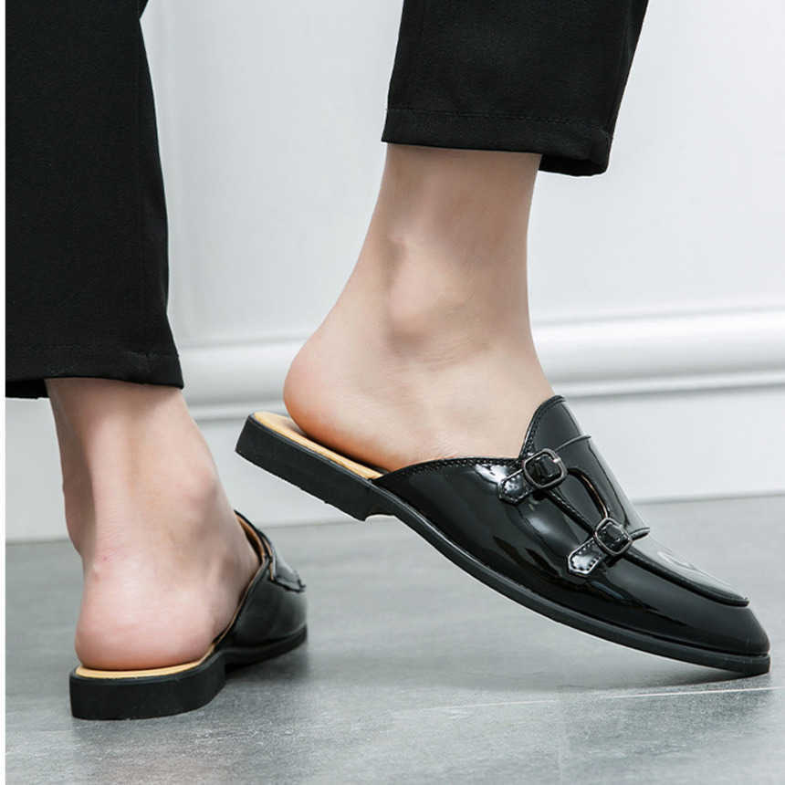 Men Dress Shoes Large Pointed Casual Shoes Leather Shoes Summer New Breathable British Half Drag Sandals Trendy Shoes 241009