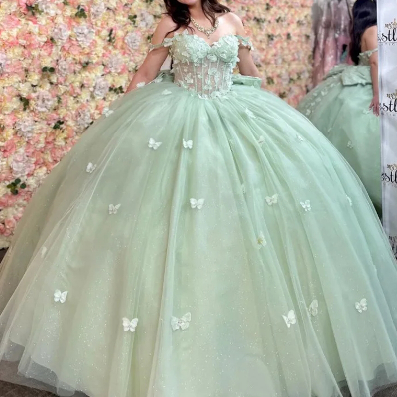 Mint Green Shiny Quinceanera Dresses Ball Gown Birthday Party Dress Bow Beads Tull With Cape Lace Up Graduation Vestidos De 15 Anos Sweet 16 Dress