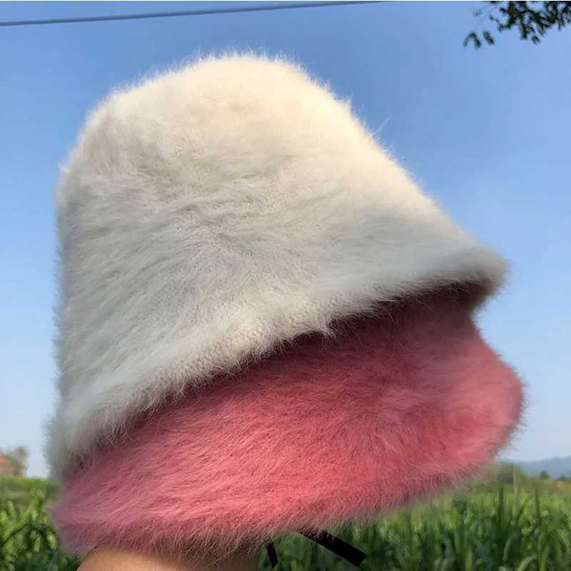 2019 Winter Hats Warm Fashion Solid Color Rabbit Fur Hats Bucket Hats Fisherman Hats Retro Knitted Wool Bucket Hats X241023