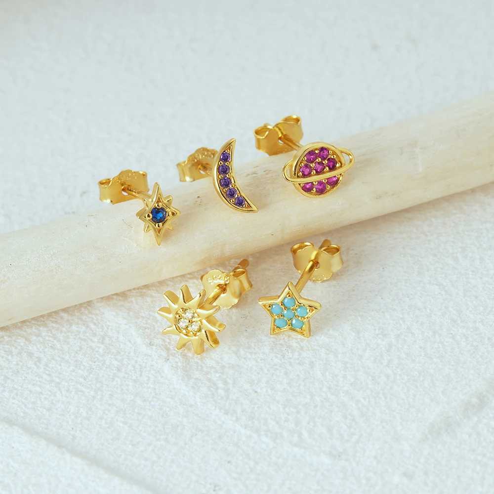 CANNER 925 Sterling Silver 5pcs Star Moon Color Zircon Planet Set Stud Earrings For Women Ins Earrings Fine Jewelry Party GiftX241023