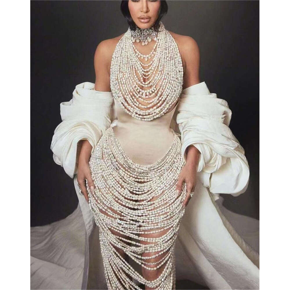 Hot Sale Halterneck Pearl Mermaid Ball Arab Satin Tunic Sleeveless Ladies Party Dress 2024 Haute Couture Customizat