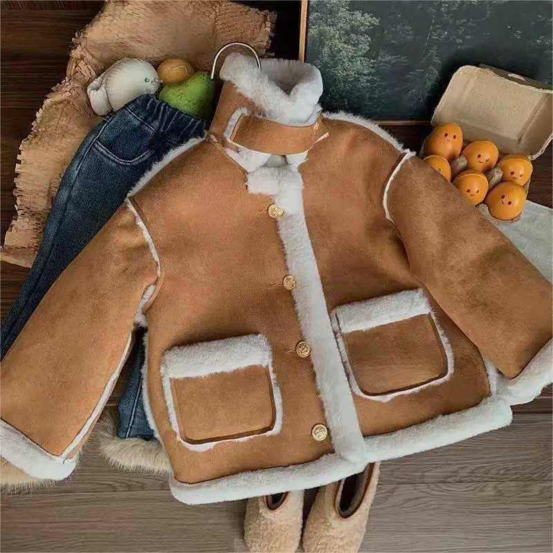 Baby girl princess cotton pad fur leather jacket baby and toddler winter patch work clothes thick warm coat baby clothing 18M-12Y W241023