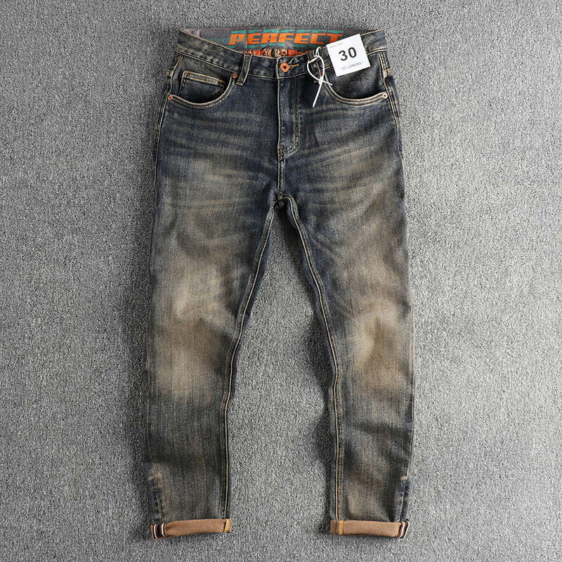 Waist Printed Retro Jeans Men Clothing Washed Distressed Denim Pants Cargo Straight Trousers Casual Wear Oversized Style Fashion