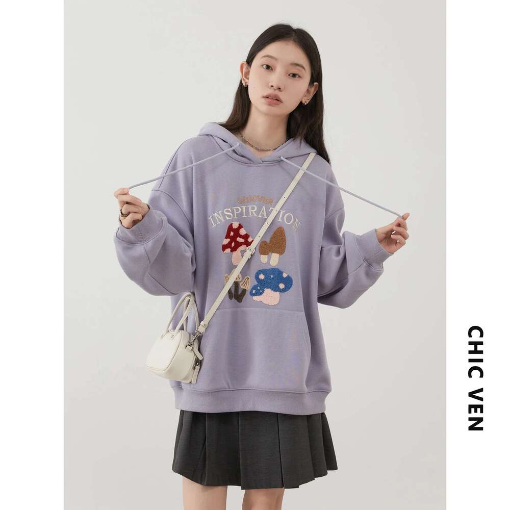 CHIC VEN Korean Women's Sweatshirts Loose Hooded Cartoon Embroidered Hoodie Plush Coat Pullover Female Top Autumn Winter 2024