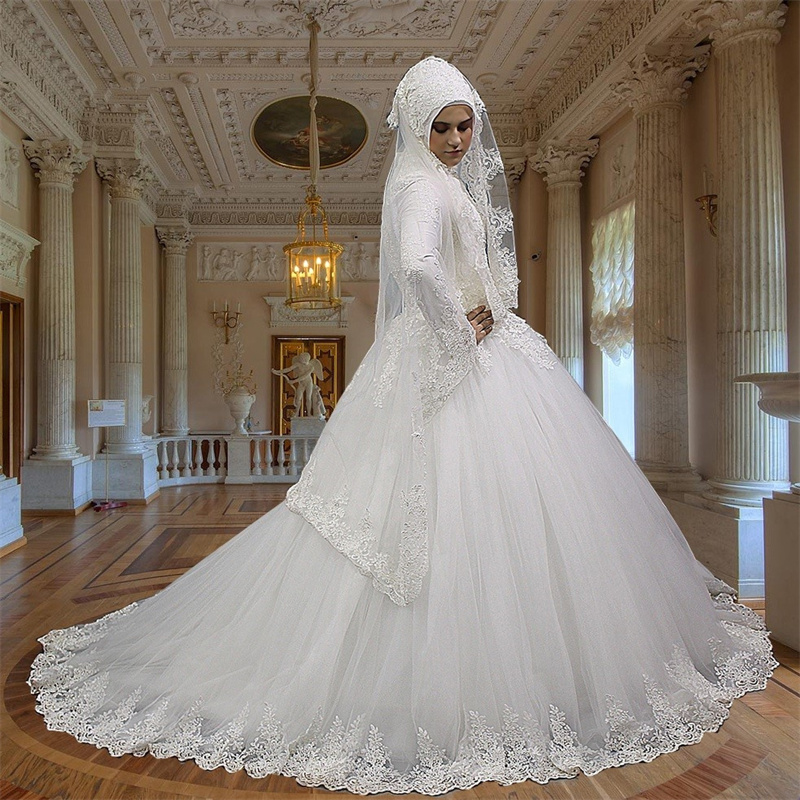 Gorgeous Muslim Wedding Dresses White A Line High Neck Lace Civil Bridal Dress Long Sleeve Islamic Grecian Country Garden Bride Dress Elegant Vestio D