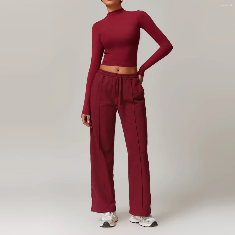 Active Sets 2Pcs Sports Set Women Fiess Yoga Suit Gym Sportswear Running Long Sleeve Wide Leg Pants Workout Tracksuits Athletic Wear