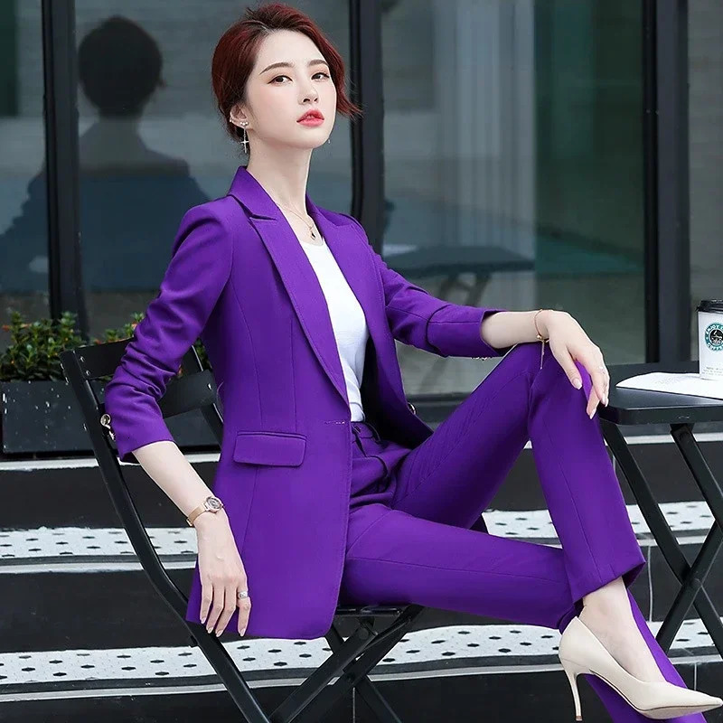 Purple Long Women Blazer and Pants 2 Pcs Set Two Piece Suit with Waist Belt Autumn Office Black Coat Sashes Business S4XL 241023