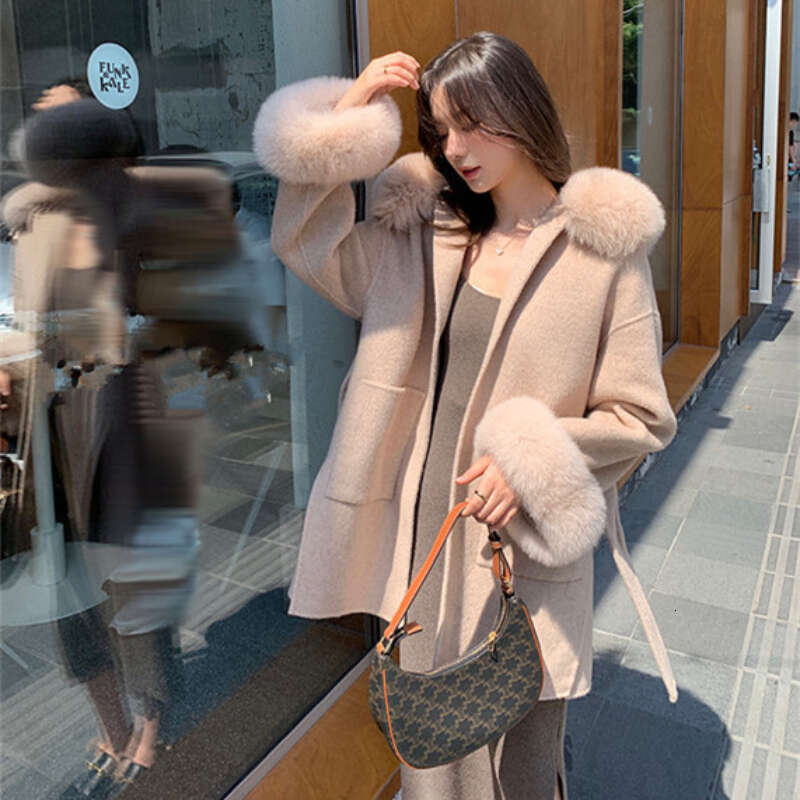 2024 Wool Cashmere Autumn Winter Fox Fur Collar Women's Mid-Length Belt Hooded Woolen Coat New Fashion