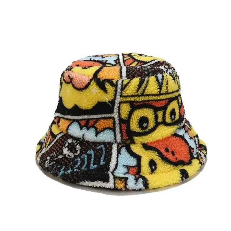 New cute cartoon duck print winter bucket hat suitable for mens thick women with fluffy fur warm Panama hat outdoor fisherman hat party X241023