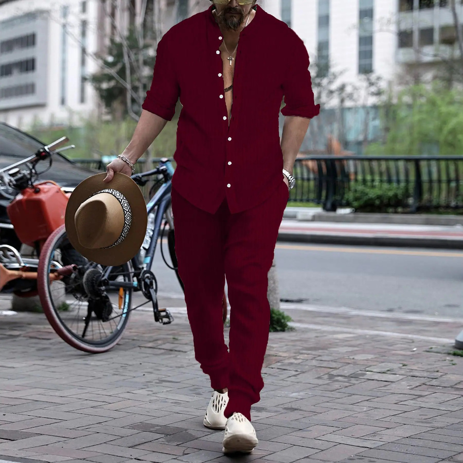 high-quality solid color mens casual shopping breathable long sleeved loose top summer item 241024