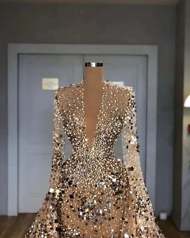 Long Evening Dresses Deep V Neck Tulle Mor Beading Full Sleeves A e Court Train Custom Made Party Gowns