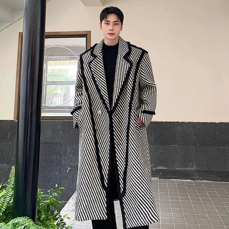 IEFB winter mens wool long coat thick woven twill lapel wool coat Korean style windproof agent trend autumn 9C3302 241024