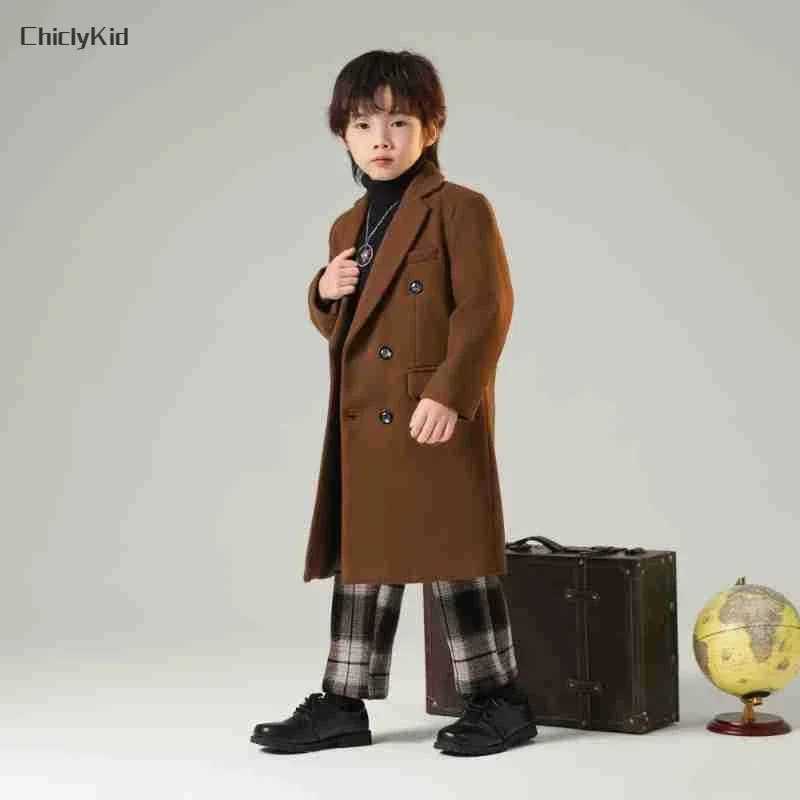 Boys autumn solid fashionable double-layer long wool coat childrens windproof jacket childrens coat thick coat W241023