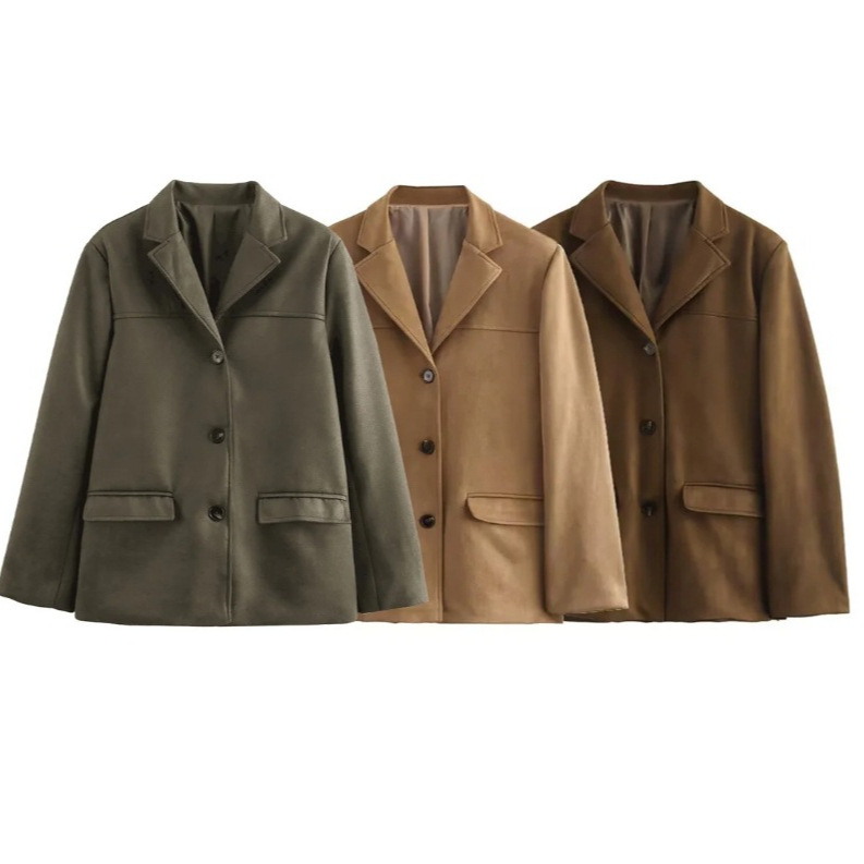 Fashionable brown suede womens jacket elegant lapel long sleeved single chest pocket jacket autumn office womens commuting jacket 240827