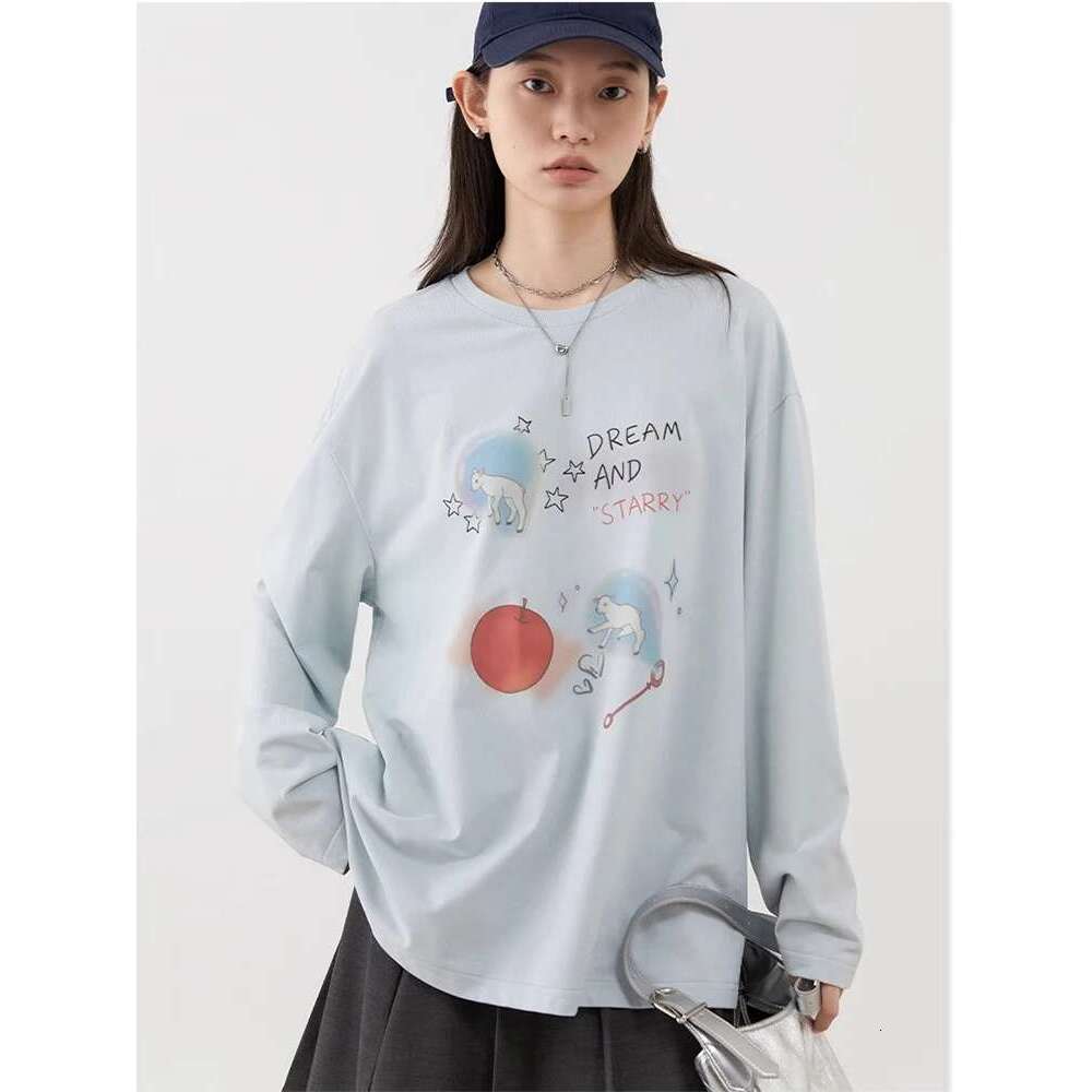 CHIC VEN Women T-Shirts Loose Long Sleeve Cartoon Design Round Neck Lamb Print Female Tees Woman Top Spring Autumn 2024
