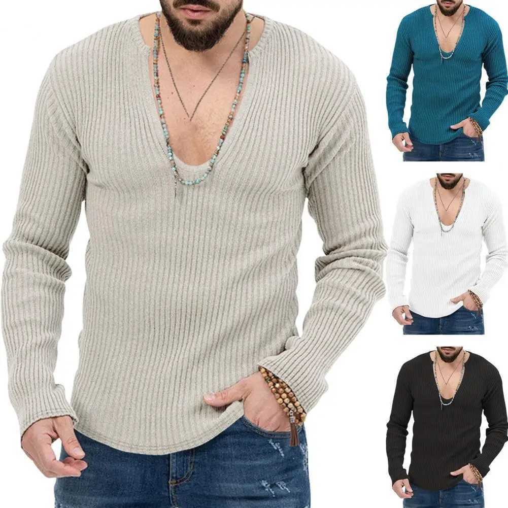 Men Long Sleeve Sweater Men Cotton Blend Sweater Mens Deep V Neck Knit Sweater with Ribbed Long Sleeves Slim Fit Solid for Fall LX241024