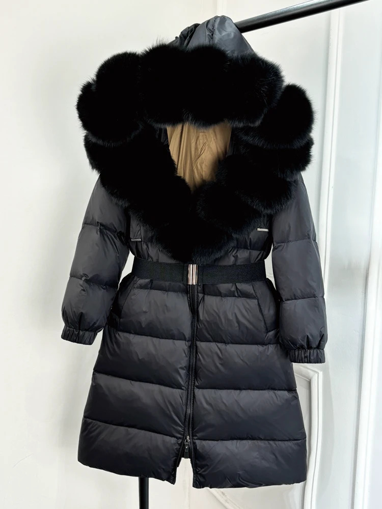 Lagabogy Winter Inflatable Jacket Womens Fox Fur Hooded Collar Thick Warm White Down Jacket Loose Coat 241023