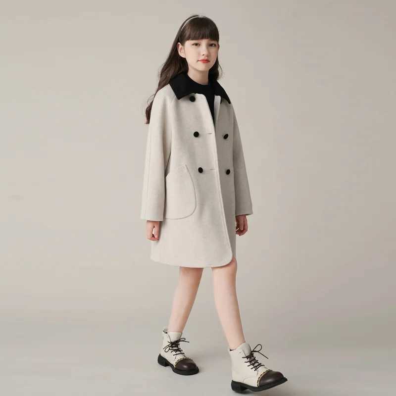 Girls wool coat with a collar 2023 beautiful and warm thick winter and autumn youth mid length clothing W241023