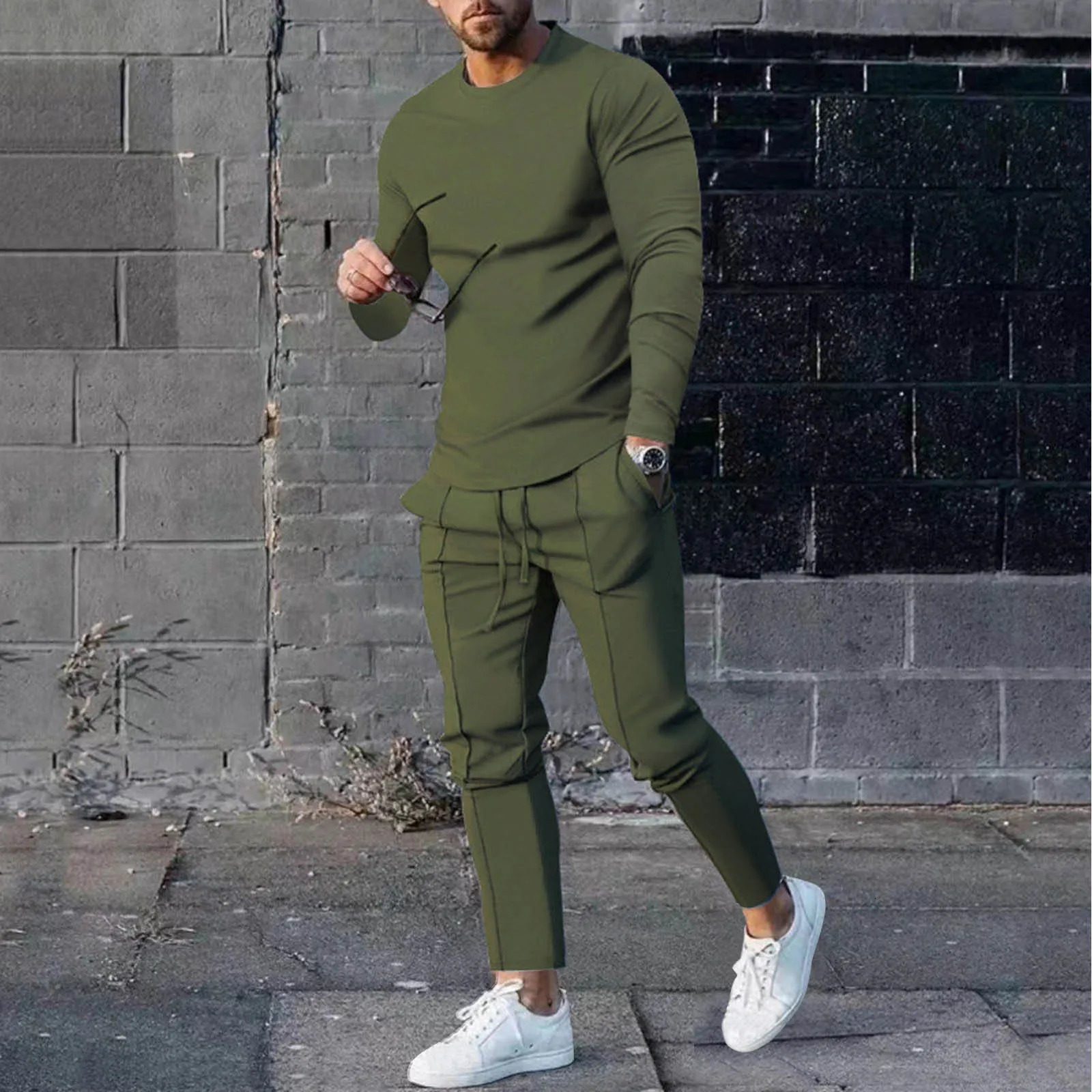 Mens casual solid two-piece set round neck long sleeves top clothing sportswear sportswear 241024