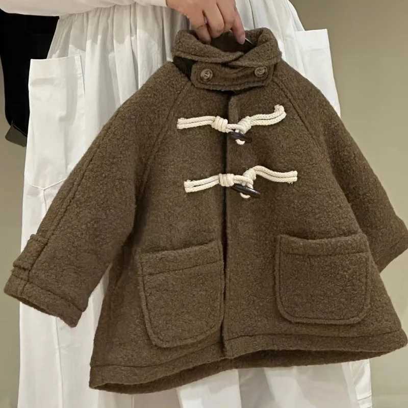 2024 Autumn Winter Korean Baby Womens Wool Coat Warm Turnaround Collar Baby Womens Jacket Solid Horn Button Childrens Womens Coat W241023