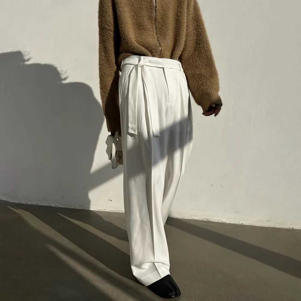 Harajuku Belted Suit Pants Mens Fashion Oversize Casual Trousers French Loose Wide Leg Pants Streetwear Blazer PantnX241023