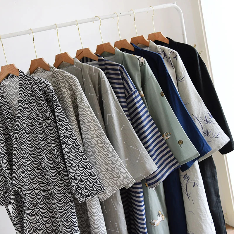 Mens 100% Cotton High Zee Cotton Robe Loose and Thin Yukata Japanese Kimono Pajama Mens Hooded Robe V-neck Pajama Bathroom Pajama 241023