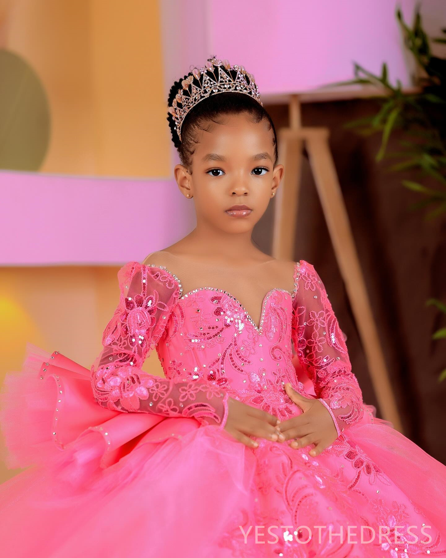 2024 Aso Ebi Pink Flower Girl Dresses Children Birthday Dress Illusion Sheer Neck Long Sleeves Beaded Lace Princess Tiered Tulle Princess Ball Gown Fo