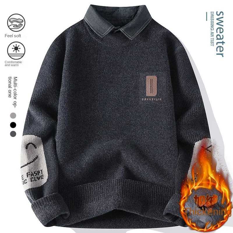 Ferret Velvet Hipster NASA Fake Two Shirt Neck Sweater Knit Sweater Men Extra Thick Fleece Casual Daily Handsome Fashion Sweater LX241024