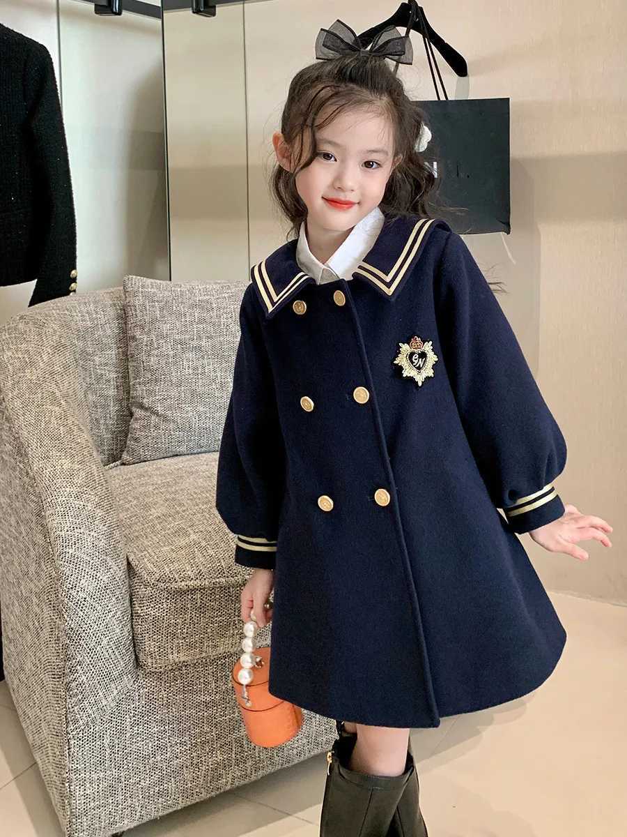 Girls mid length jacket 2023 spring/summer navy blue Sle jacket fashionable double chest clothing for little girls and children W241023