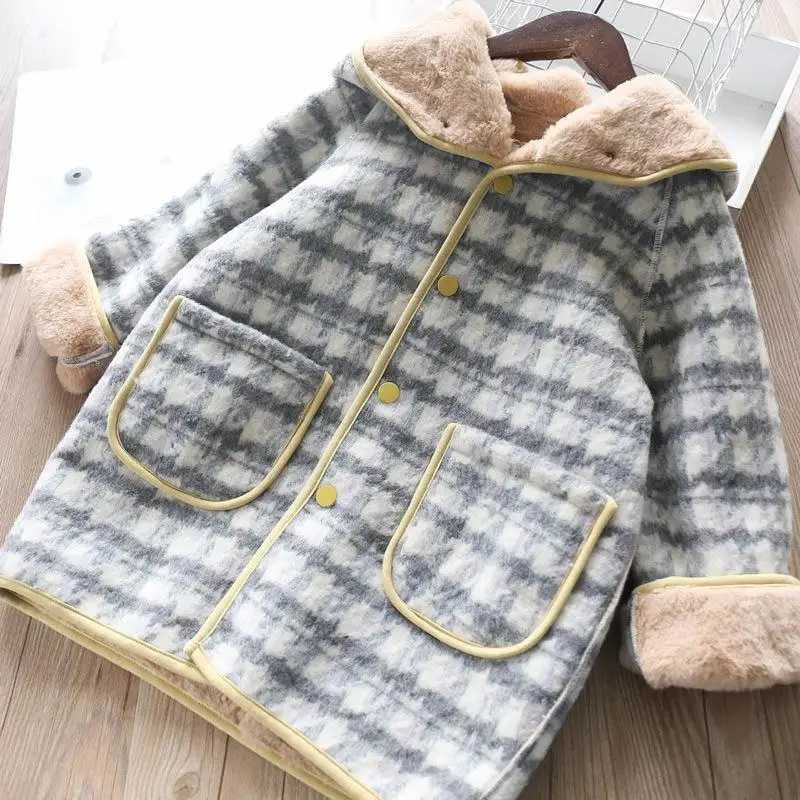 Childrens plain woolen coat 2023 new winter warm plush thick single corset large pocket design jacket W241023