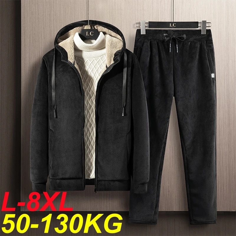 Mens thick wool hooded 2-piece jacketpants sports sweater casual sweater 241024