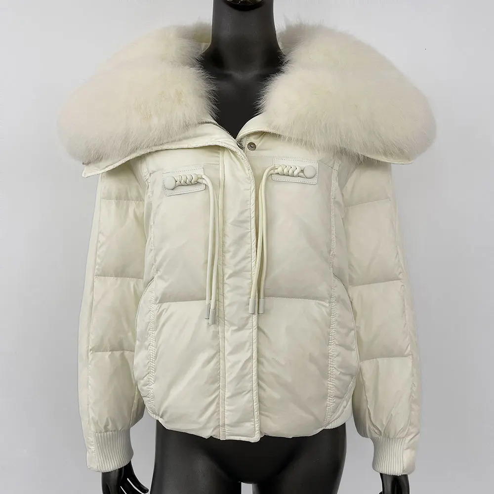 Winter Big True Fox Fur Collar Coat Womens Natural Thick Warm Duck Coat Short Sleeve Loose Fur Leather Jacket 241023