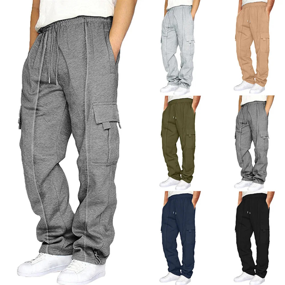 Mens multi pocket work pants for autumn casual running and jogging outdoor commuting velvet leg sports pants mens clothing 241023